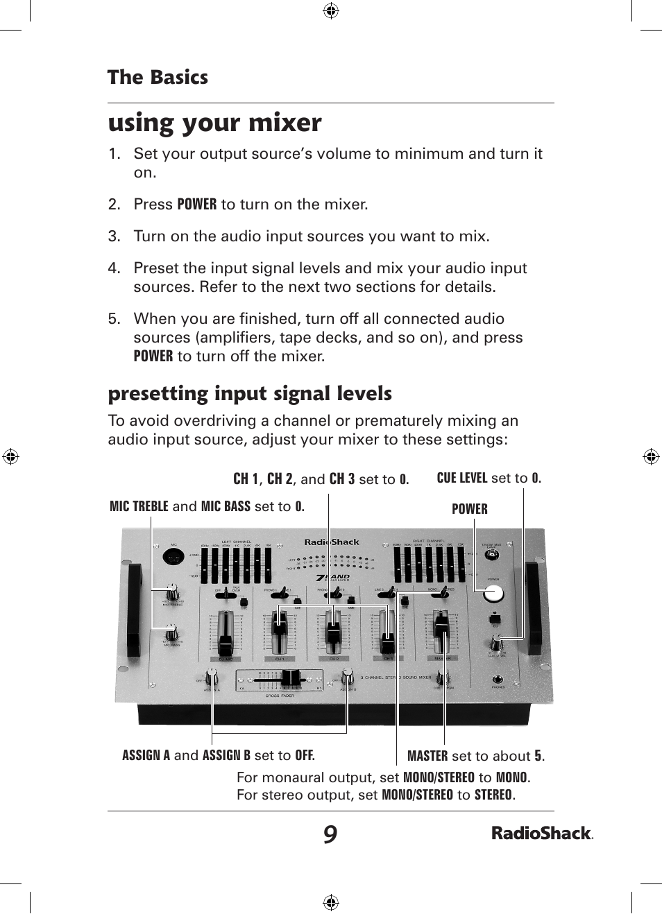 Using your mixer, The basics, Presetting input signal levels | Radio Shack 32-2057 User Manual | Page 9 / 20