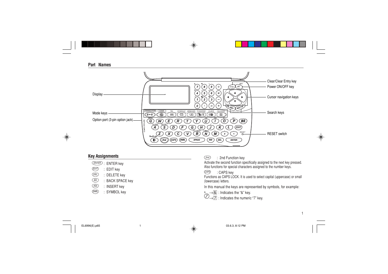 Part names, Key assignments | Radio Shack EL-6996 User Manual | Page 3 / 40