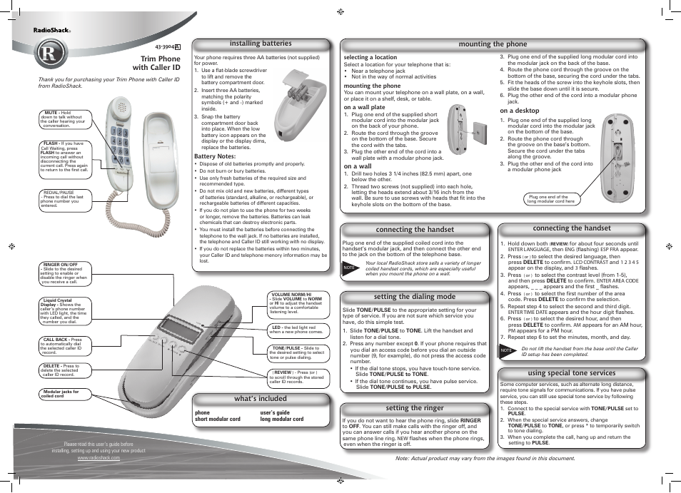 Radio Shack Big-Button Caller ID Trim Fone 43-3904 User Manual | 2 pages