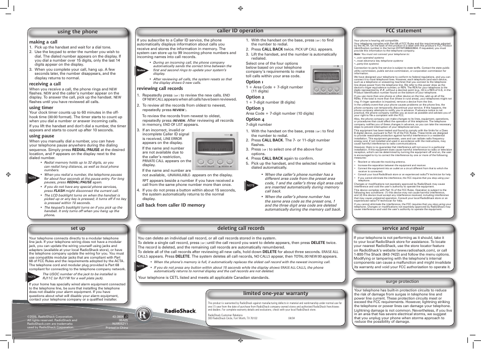 Fcc statement, Limited one-year warranty using the phone, Service and repair | Set up caller id operation, Deleting call records | Radio Shack Big-Button Caller ID Trim Fone 43-3904 User Manual | Page 2 / 2