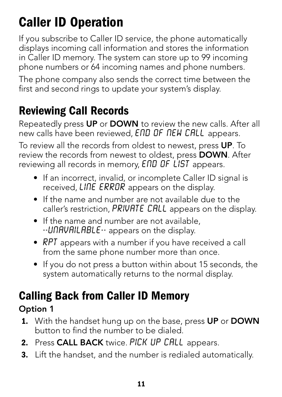 Caller id operation, Reviewing call records | Radio Shack 43-3901 User Manual | Page 11 / 16