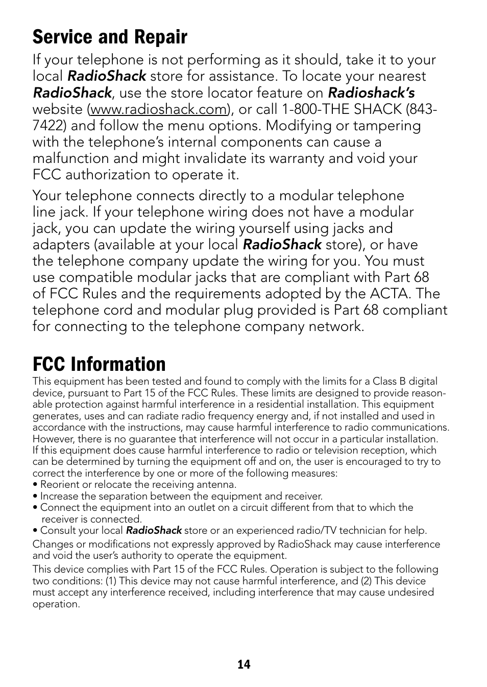 Service and repair, Fcc information | Radio Shack 43-3901 User Manual | Page 14 / 16