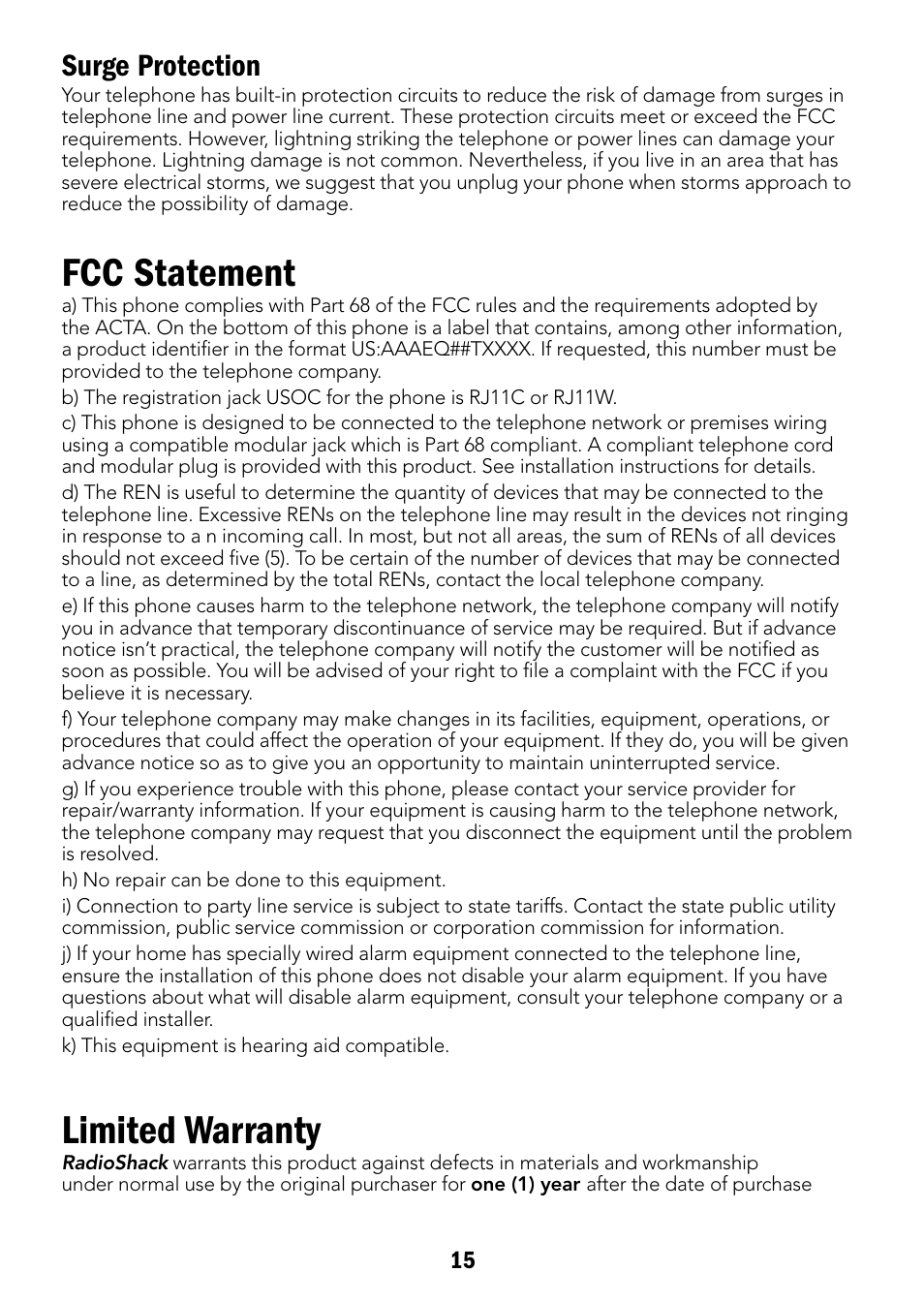 Fcc statement, Limited warranty, Surge protection | Radio Shack 43-3901 User Manual | Page 15 / 16