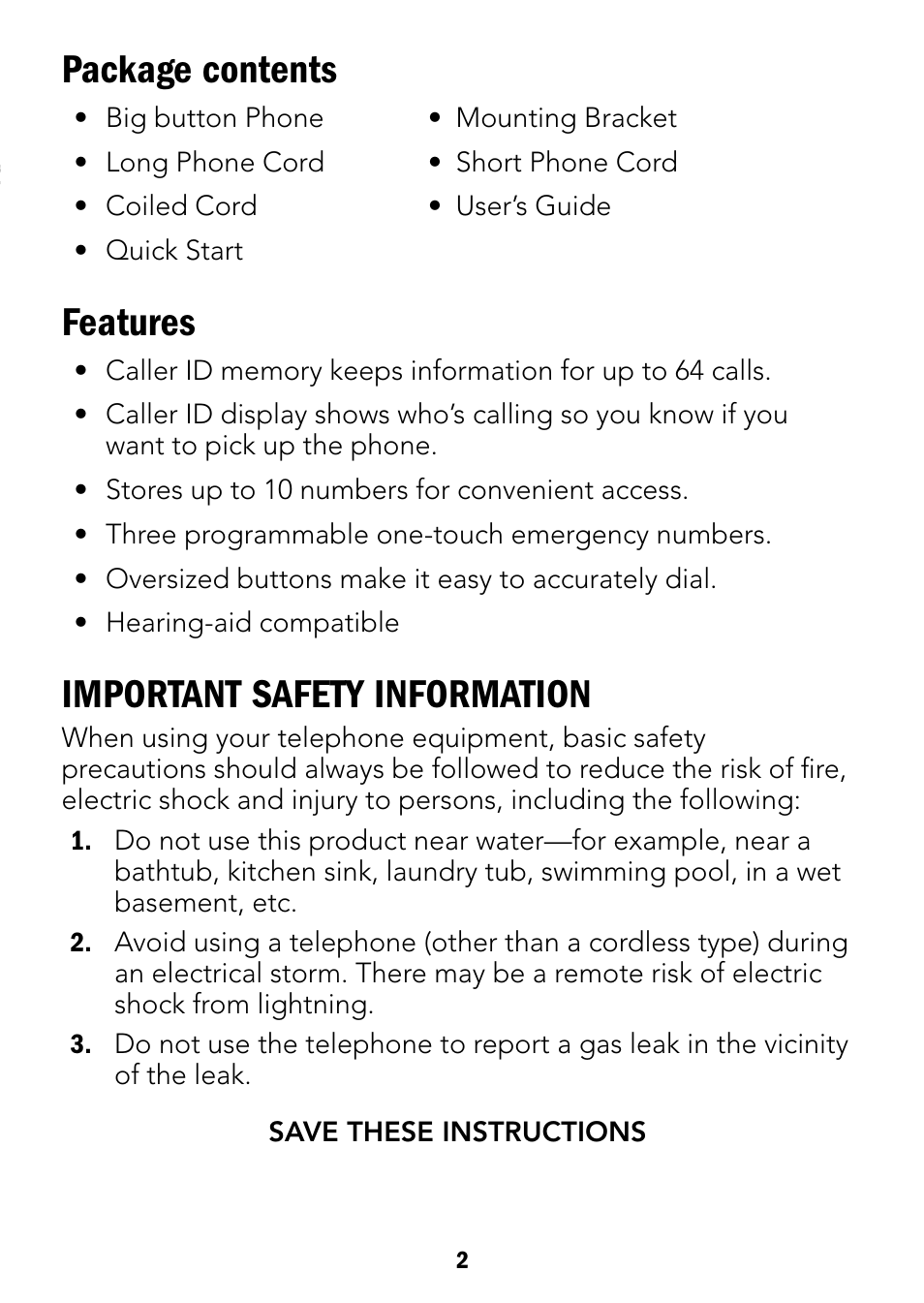 Package contents, Features, Important safety information | Radio Shack 43-3901 User Manual | Page 2 / 16