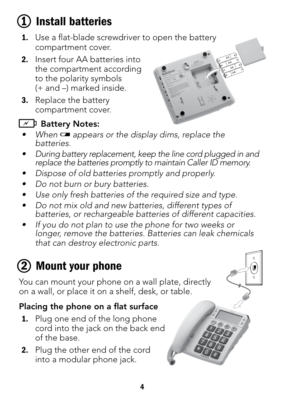 Install batteries, Mount your phone | Radio Shack 43-3901 User Manual | Page 4 / 16