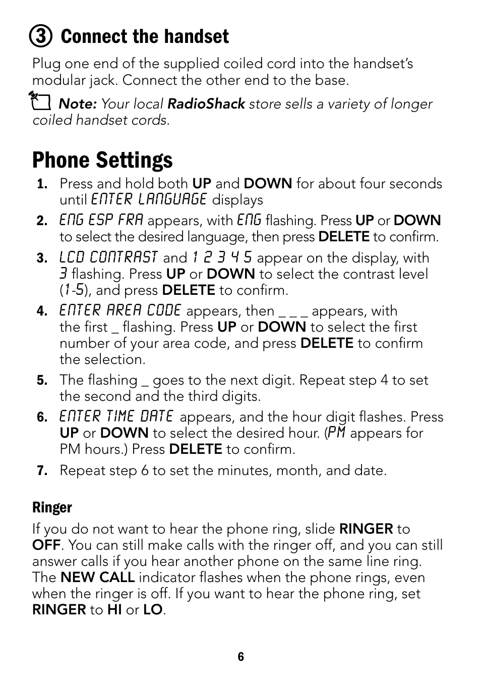 Phone settings, Connect the handset | Radio Shack 43-3901 User Manual | Page 6 / 16