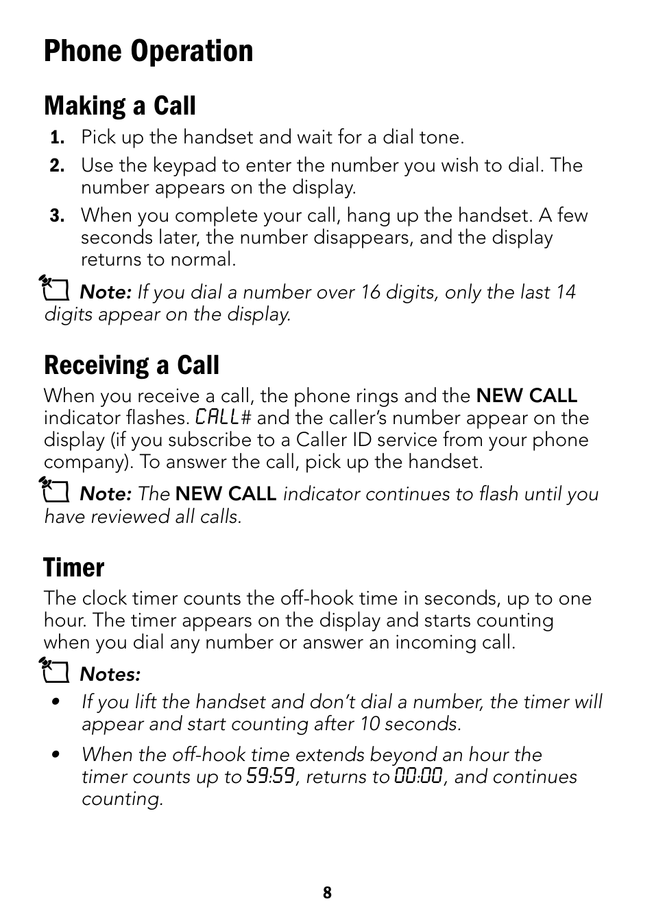 Phone operation, Making a call, Receiving a call | Timer | Radio Shack 43-3901 User Manual | Page 8 / 16