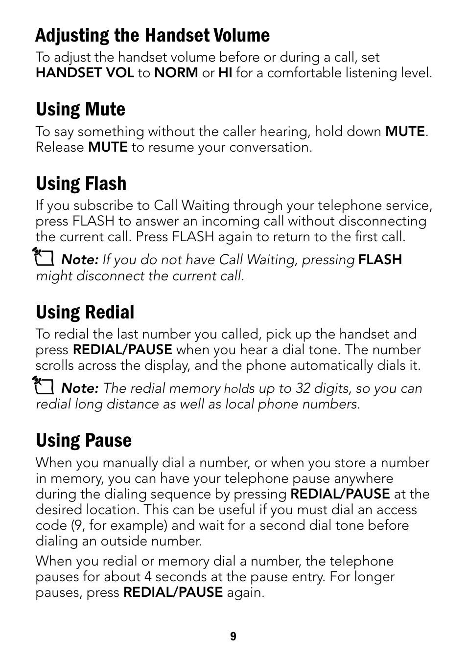 Adjusting the handset volume, Using mute, Using flash | Using redial, Using pause | Radio Shack 43-3901 User Manual | Page 9 / 16