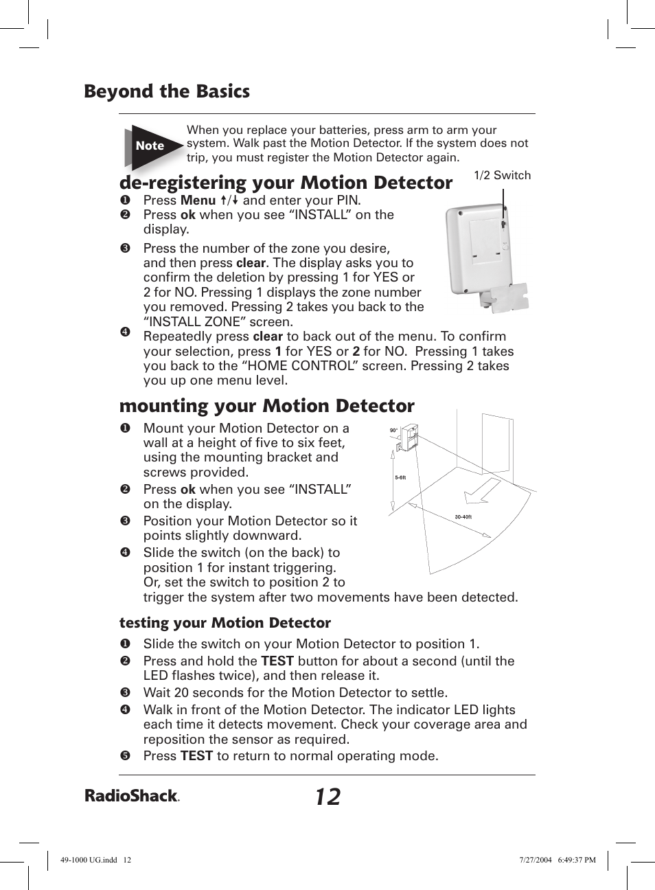 Beyond the basics, De-registering your motion detector, Mounting your motion detector | Radio Shack 49-1000 User Manual | Page 12 / 32