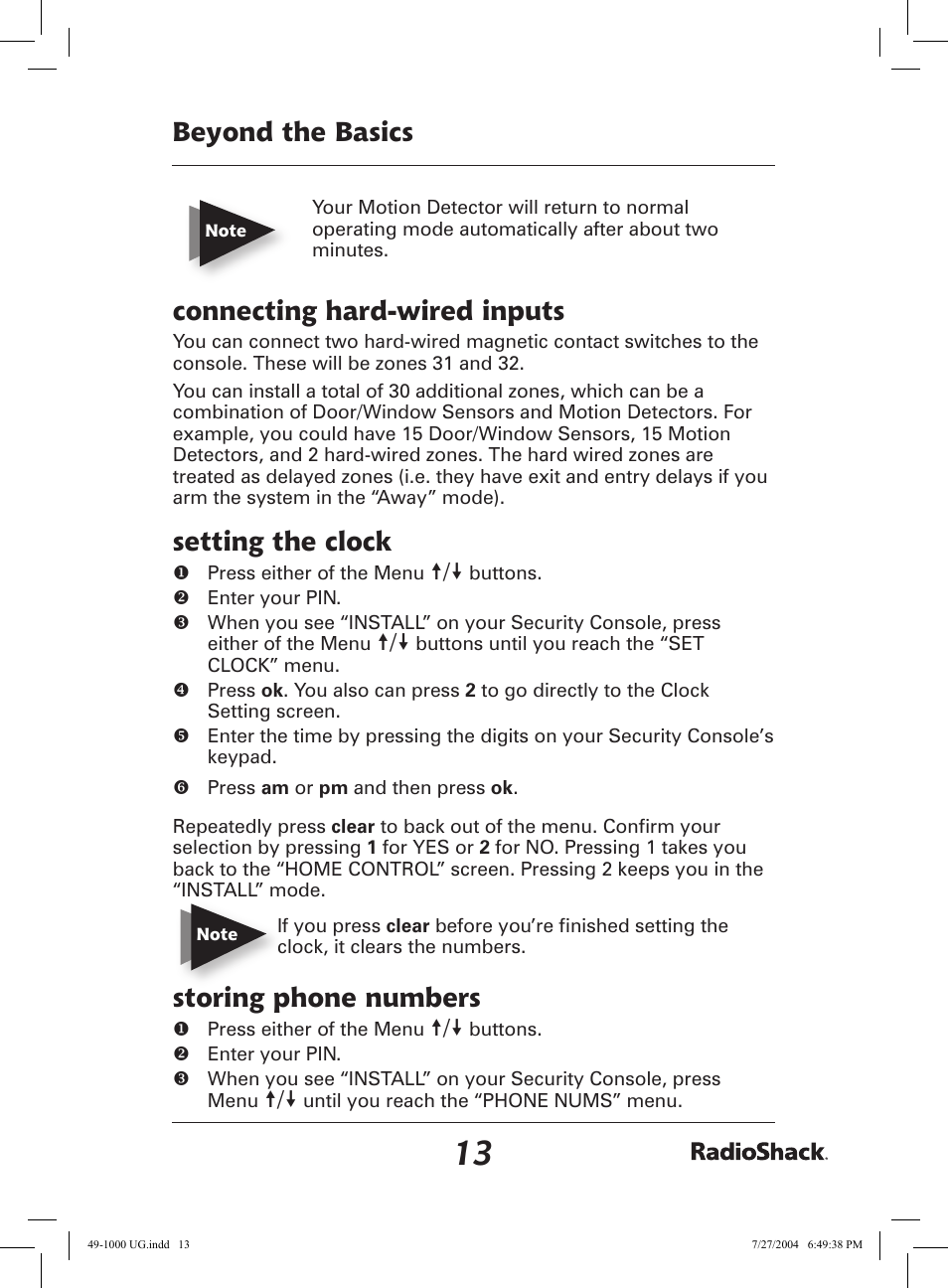 Beyond the basics, Connecting hard-wired inputs, Setting the clock | Storing phone numbers | Radio Shack 49-1000 User Manual | Page 13 / 32