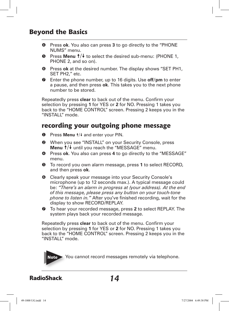 Beyond the basics, Recording your outgoing phone message | Radio Shack 49-1000 User Manual | Page 14 / 32