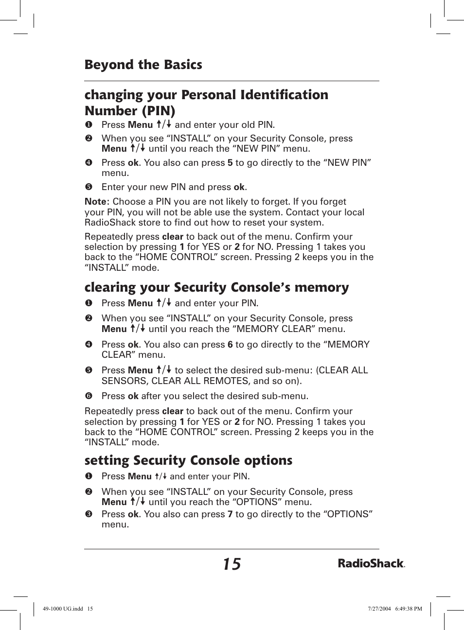 Setting security console options | Radio Shack 49-1000 User Manual | Page 15 / 32