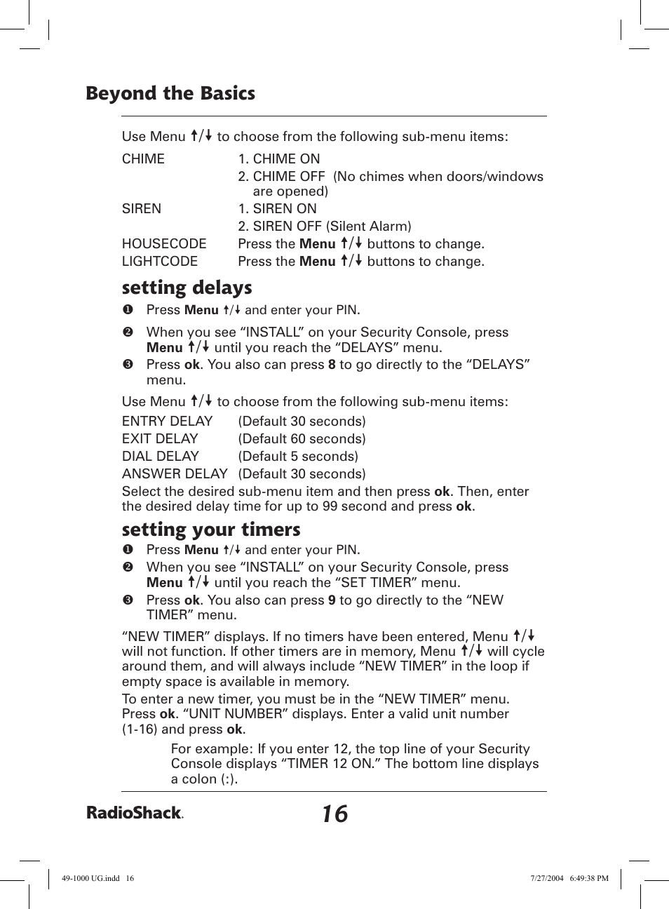 Beyond the basics, Setting delays, Setting your timers | Radio Shack 49-1000 User Manual | Page 16 / 32