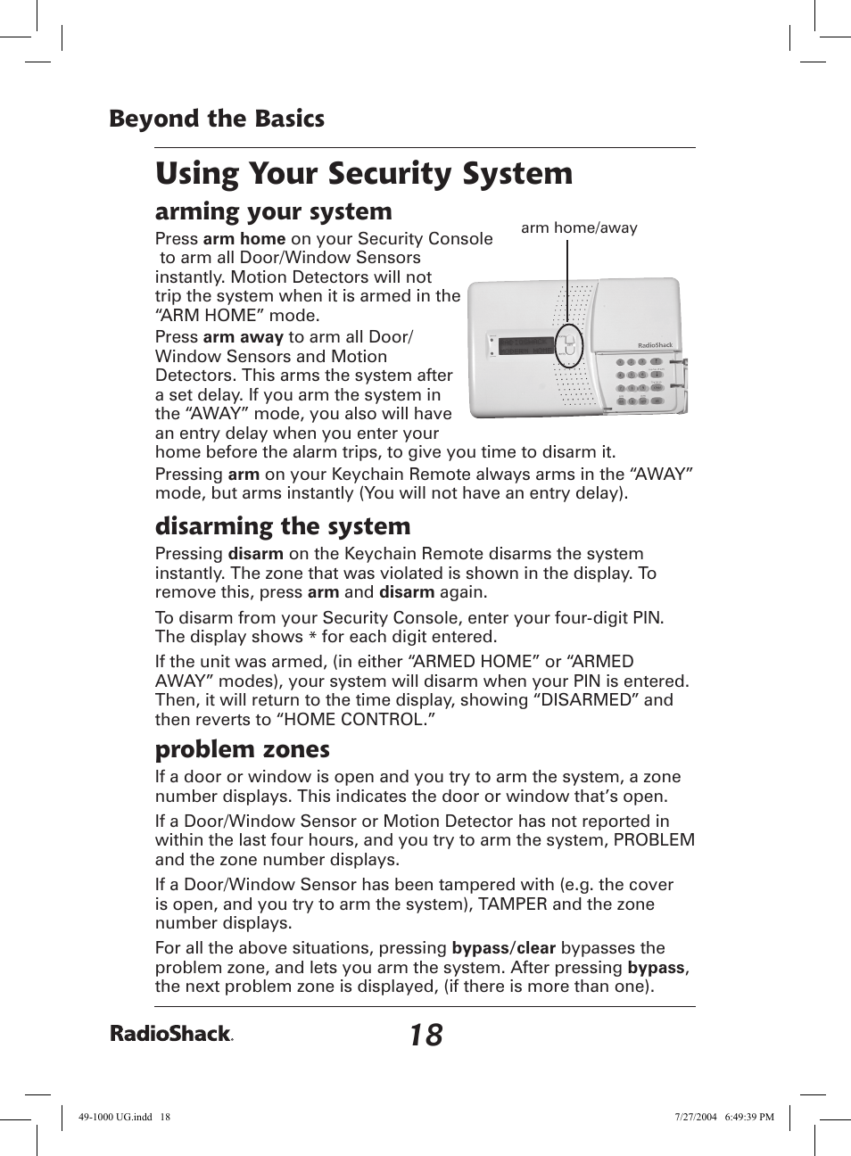Using your security system, Beyond the basics, Arming your system | Disarming the system, Problem zones | Radio Shack 49-1000 User Manual | Page 18 / 32