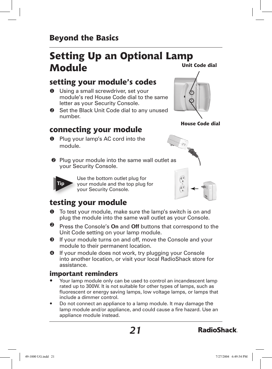 Setting up an optional lamp module, Beyond the basics, Setting your module’s codes | Connecting your module, Testing your module, Important reminders | Radio Shack 49-1000 User Manual | Page 21 / 32