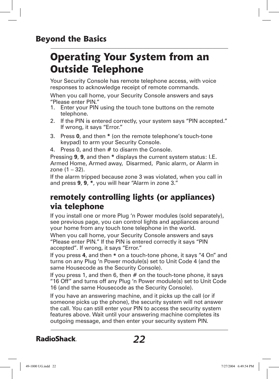 Operating your system from an outside telephone, Beyond the basics | Radio Shack 49-1000 User Manual | Page 22 / 32