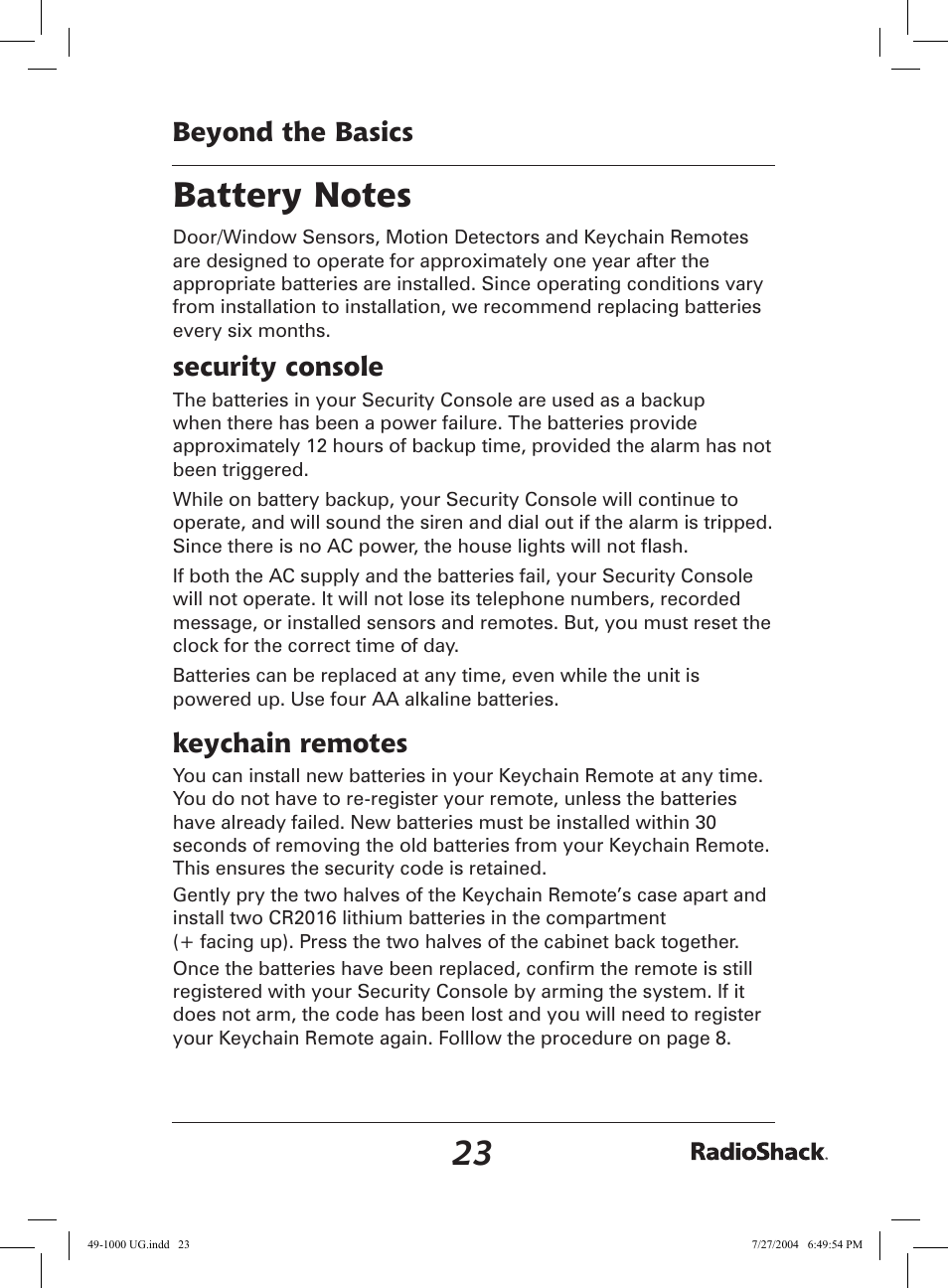 Beyond the basics, Security console, Keychain remotes | Radio Shack 49-1000 User Manual | Page 23 / 32