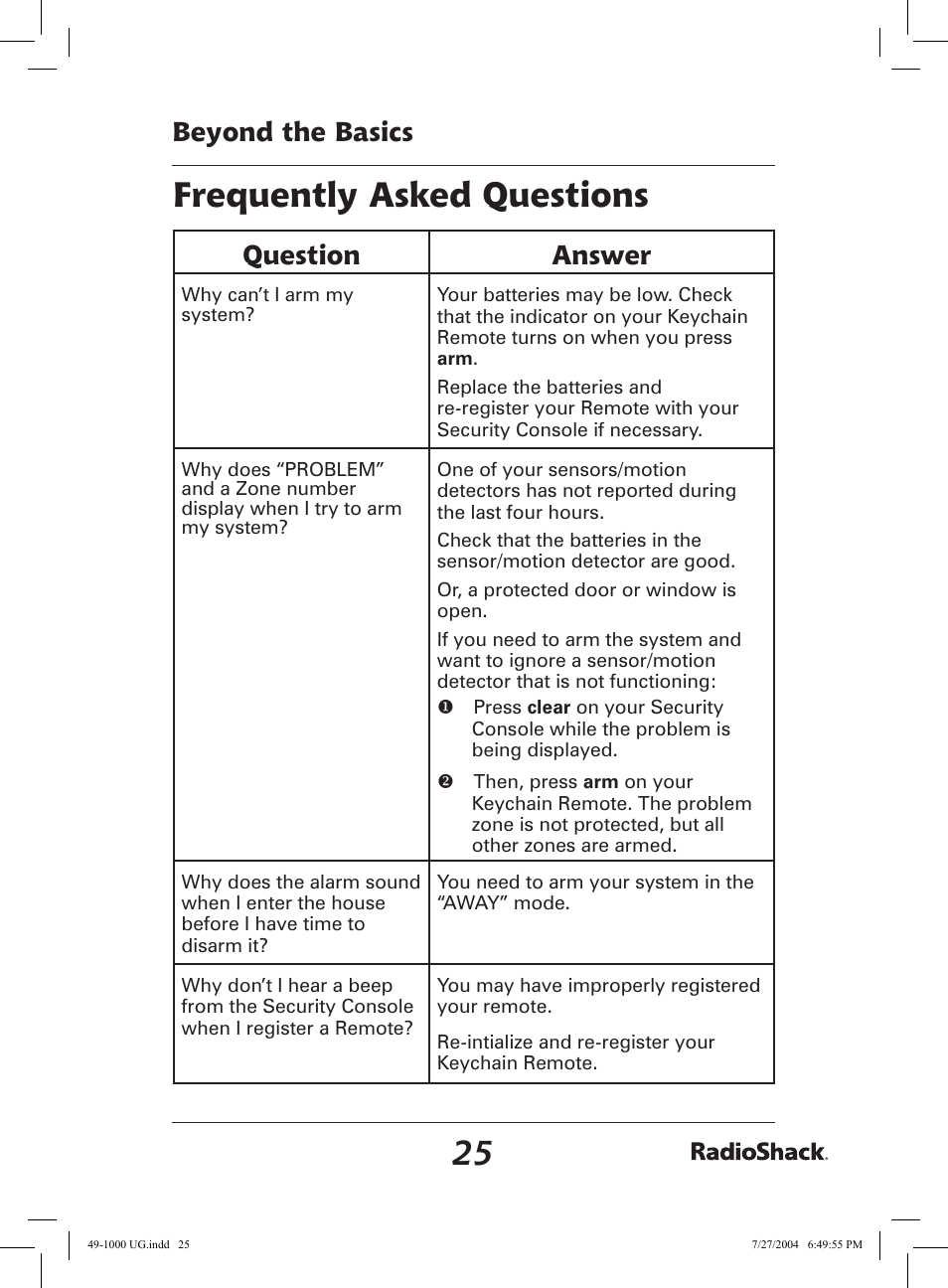 Frequently asked questions, Beyond the basics, Question answer | Radio Shack 49-1000 User Manual | Page 25 / 32