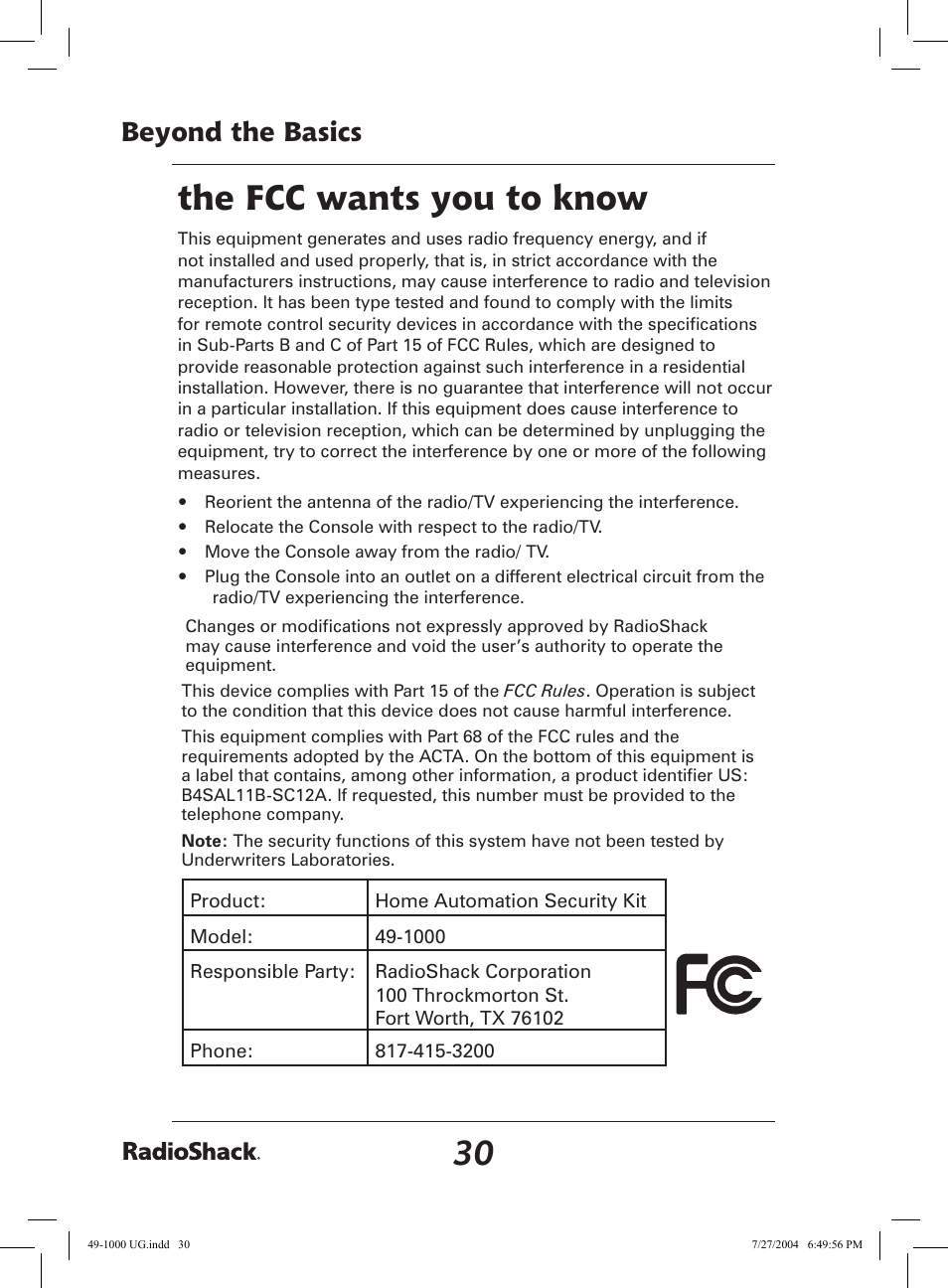 The fcc wants you to know, Beyond the basics | Radio Shack 49-1000 User Manual | Page 30 / 32
