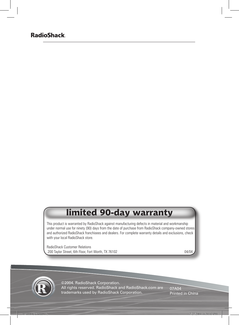 Limited 90-day warranty | Radio Shack 49-1000 User Manual | Page 32 / 32