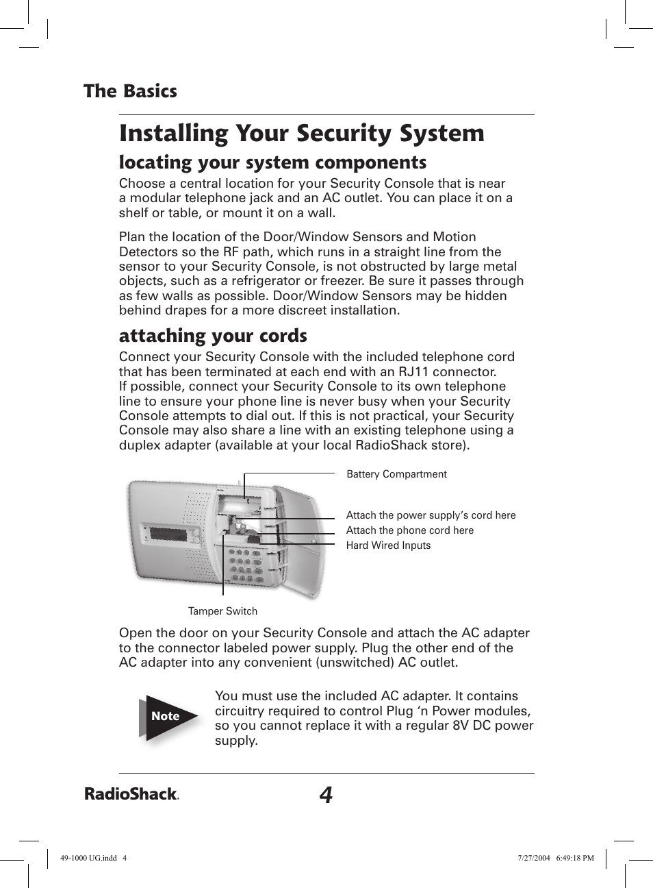 Installing your security system, The basics, Locating your system components | Attaching your cords | Radio Shack 49-1000 User Manual | Page 4 / 32