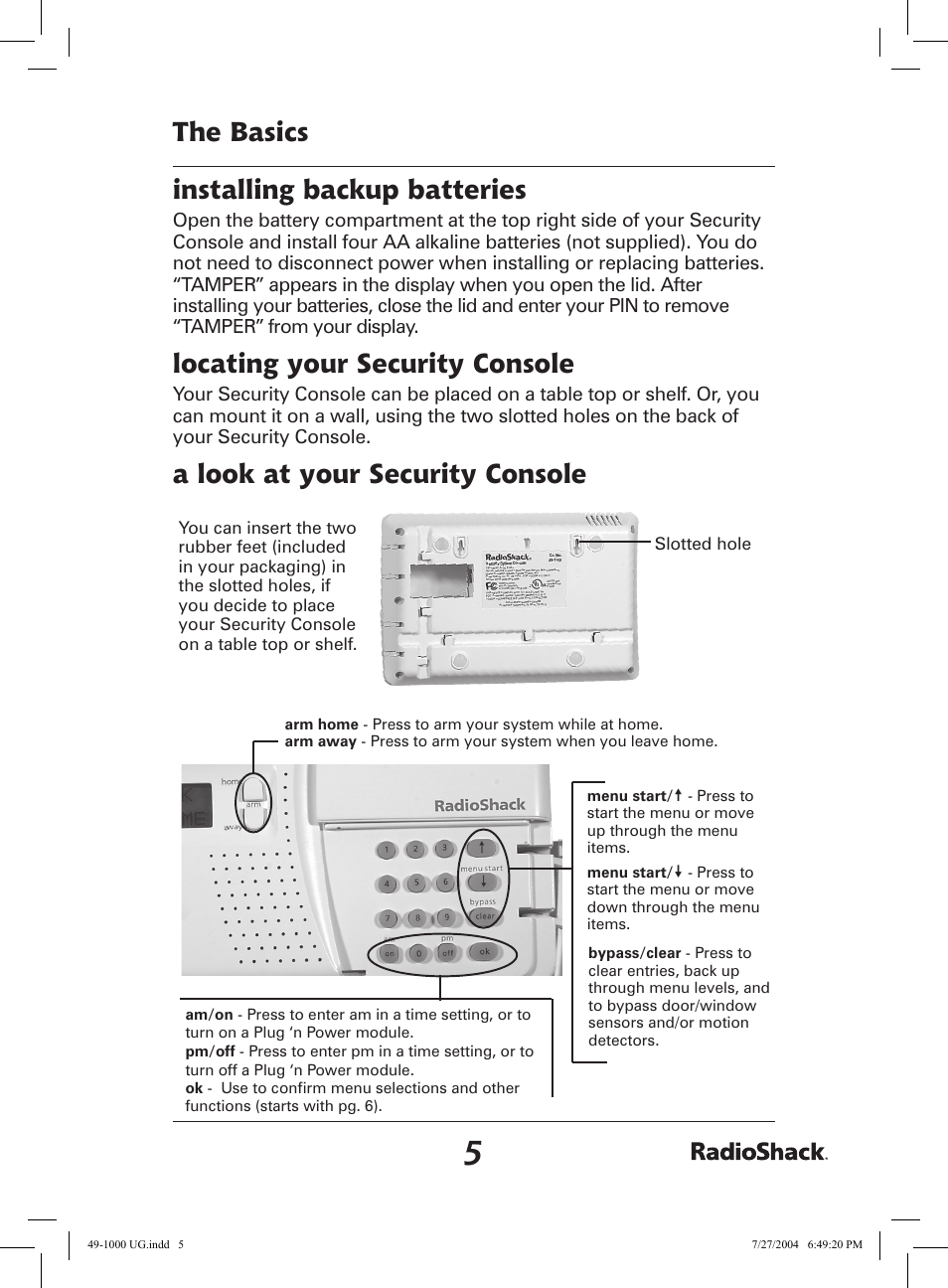 The basics installing backup batteries, Locating your security console, A look at your security console | Radio Shack 49-1000 User Manual | Page 5 / 32