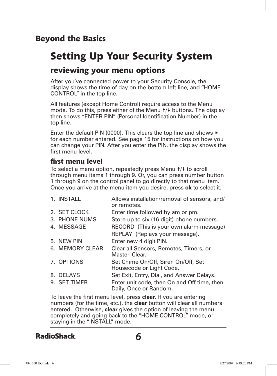 Setting up your security system, Beyond the basics, Reviewing your menu options | Radio Shack 49-1000 User Manual | Page 6 / 32