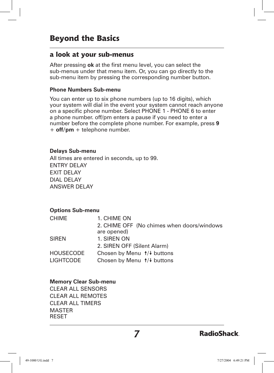 Beyond the basics, A look at your sub-menus | Radio Shack 49-1000 User Manual | Page 7 / 32