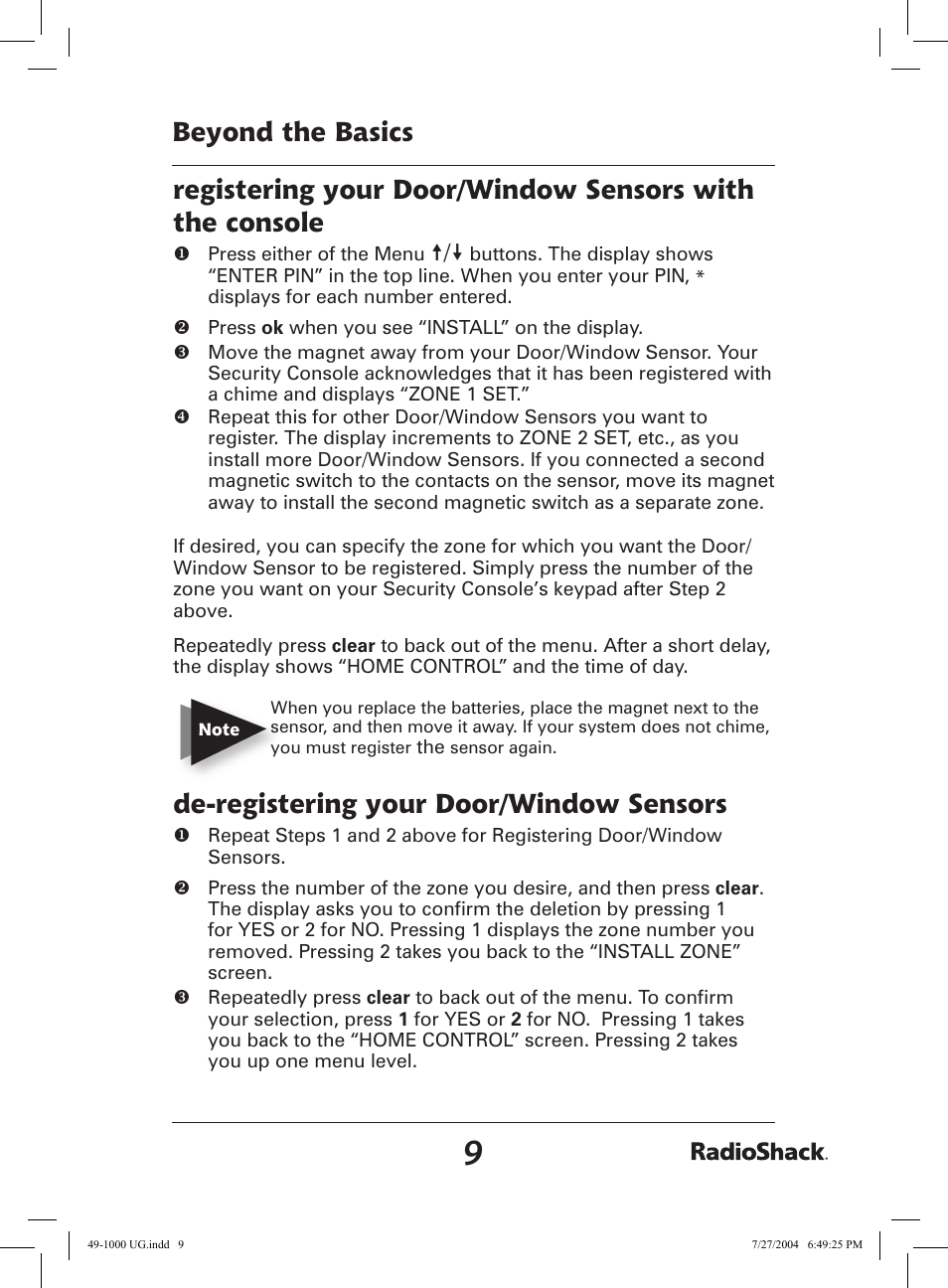 De-registering your door/window sensors | Radio Shack 49-1000 User Manual | Page 9 / 32