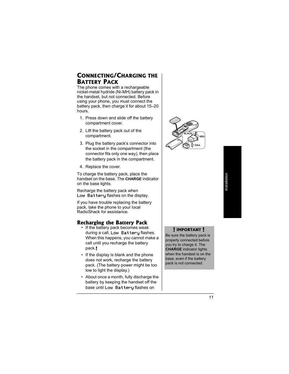 Connecting/charging the battery, Pack | Radio Shack 43-3704 User Manual | Page 11 / 76