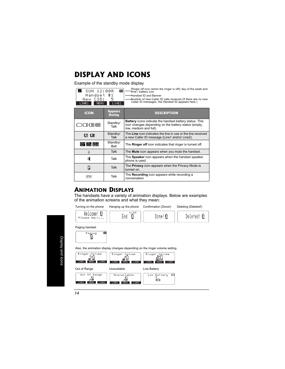 Display and icons, Animation displays, Nimation | Isplays | Radio Shack 43-3704 User Manual | Page 14 / 76