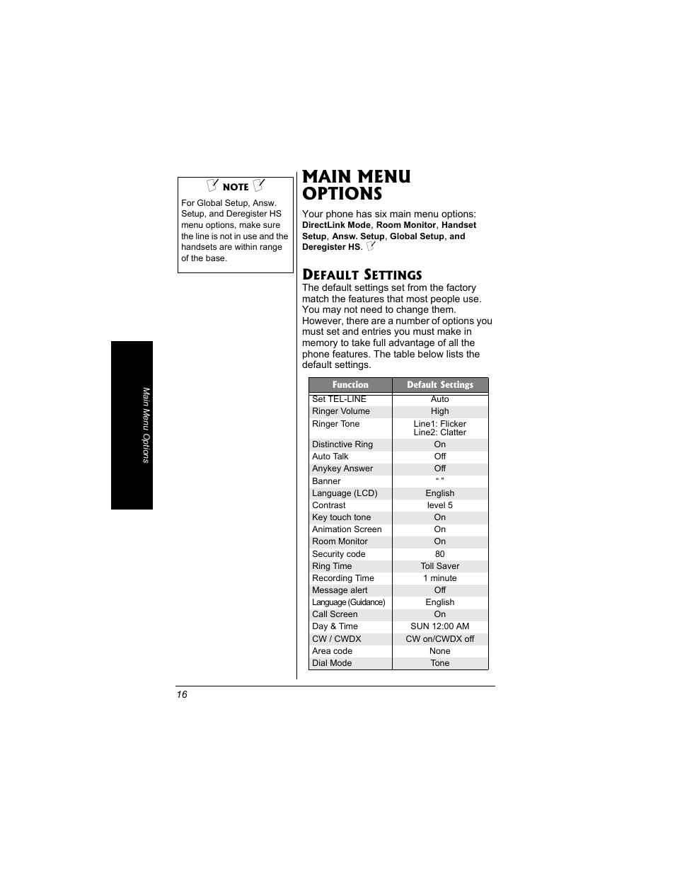 Main menu options, Default settings | Radio Shack 43-3704 User Manual | Page 16 / 76