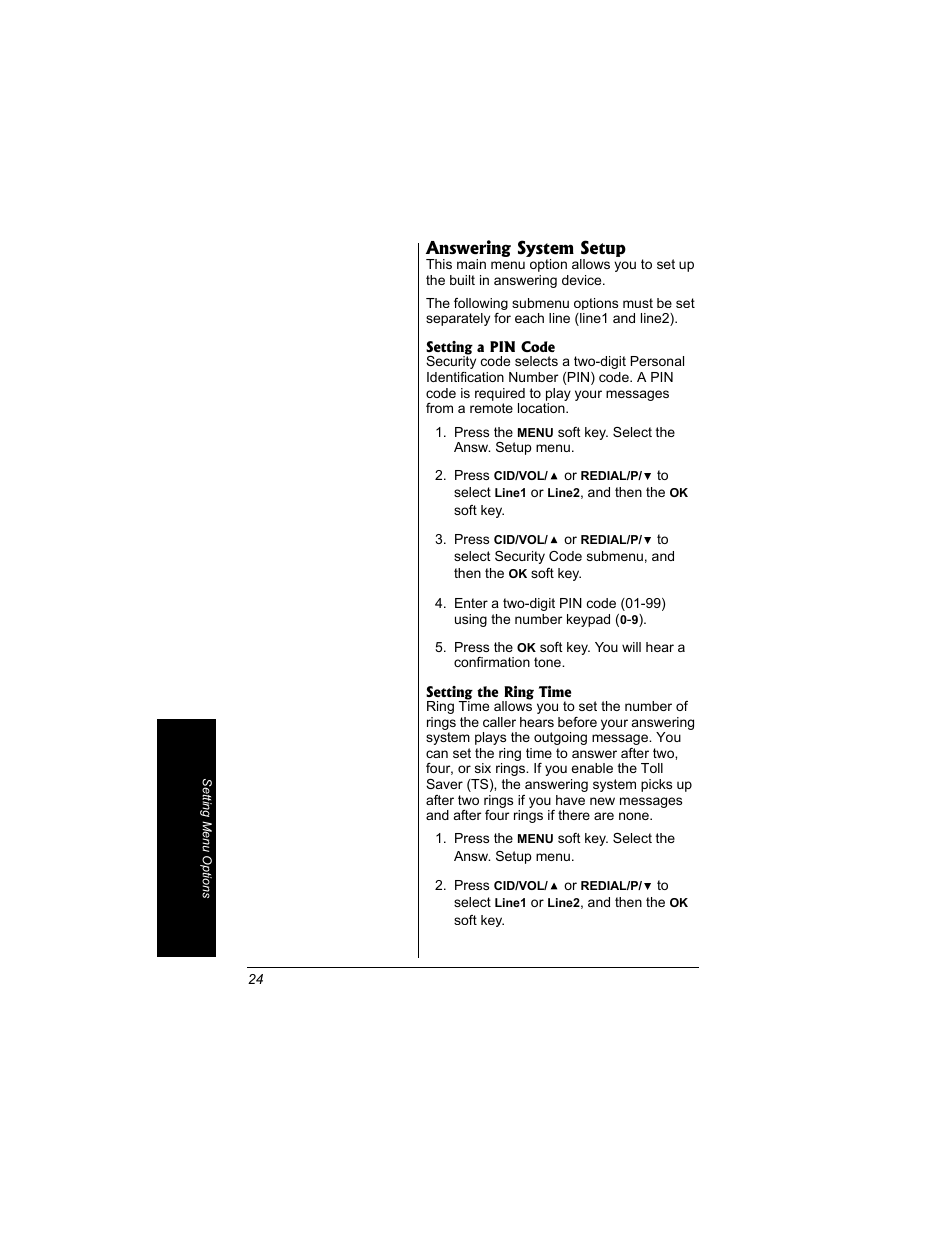 Answering system setup | Radio Shack 43-3704 User Manual | Page 24 / 76