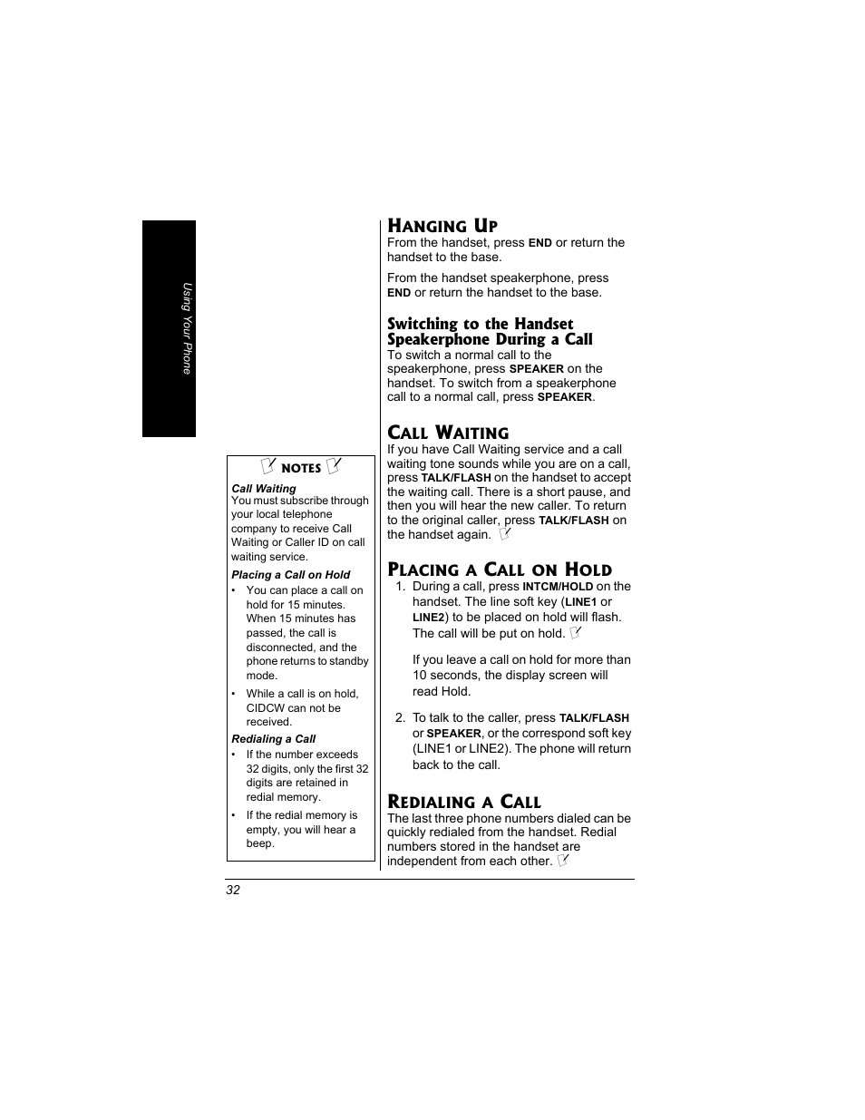 Hanging up, Call waiting, Placing a call on hold | Redialing a call | Radio Shack 43-3704 User Manual | Page 32 / 76