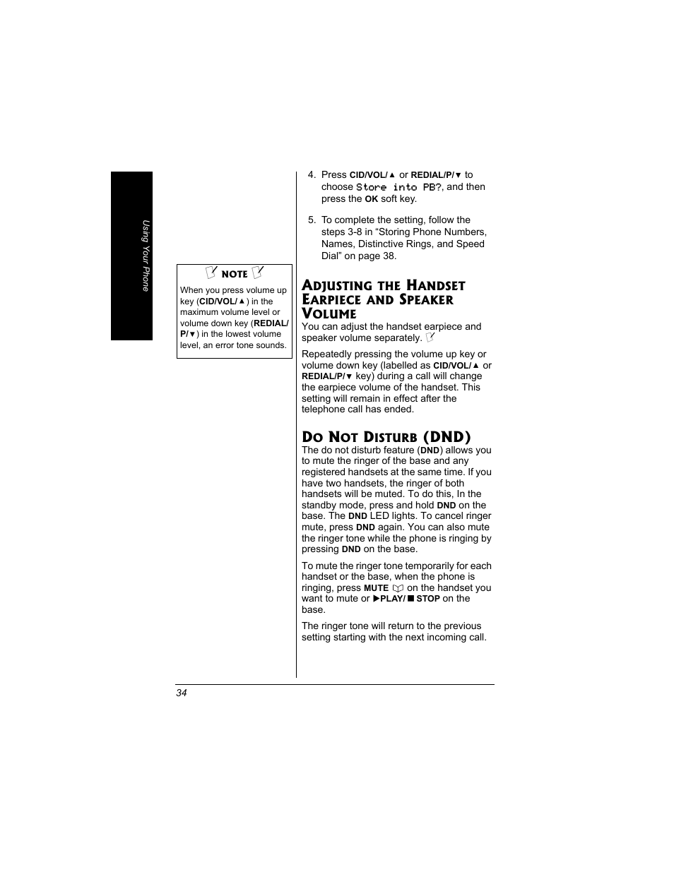 Adjusting the handset earpiece and, Speaker volume, Do not disturb (dnd) | Dnd) | Radio Shack 43-3704 User Manual | Page 34 / 76