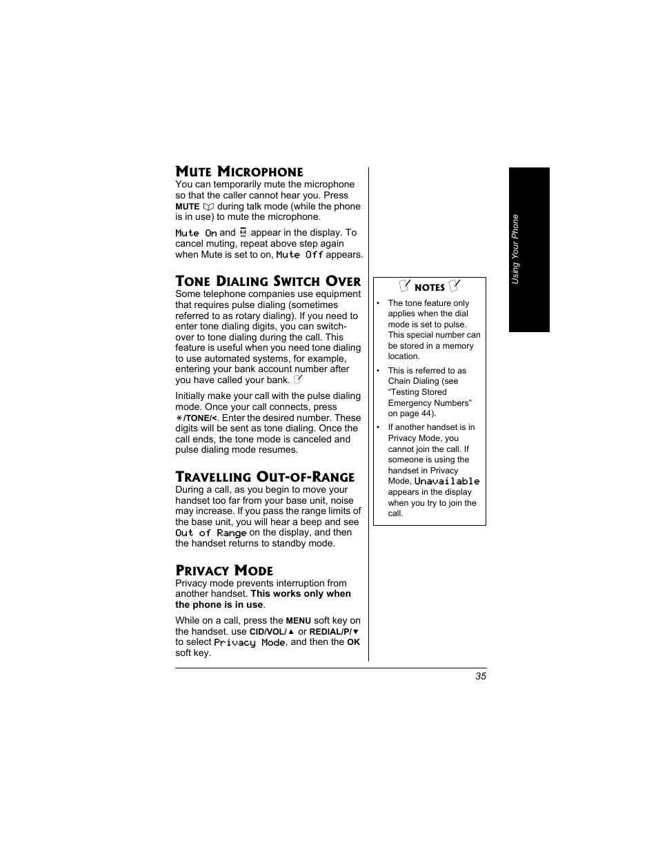 Mute microphone, Tone dialing switch over, Travelling out-of-range | Privacy mode | Radio Shack 43-3704 User Manual | Page 35 / 76