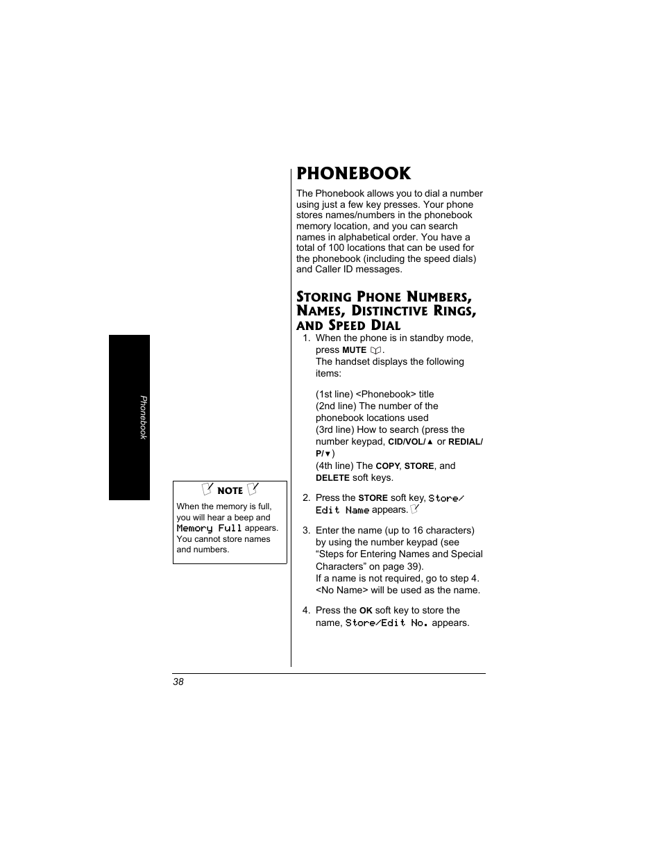 Phonebook, Storing phone numbers, names, Distinctive rings, and speed | Dial | Radio Shack 43-3704 User Manual | Page 38 / 76