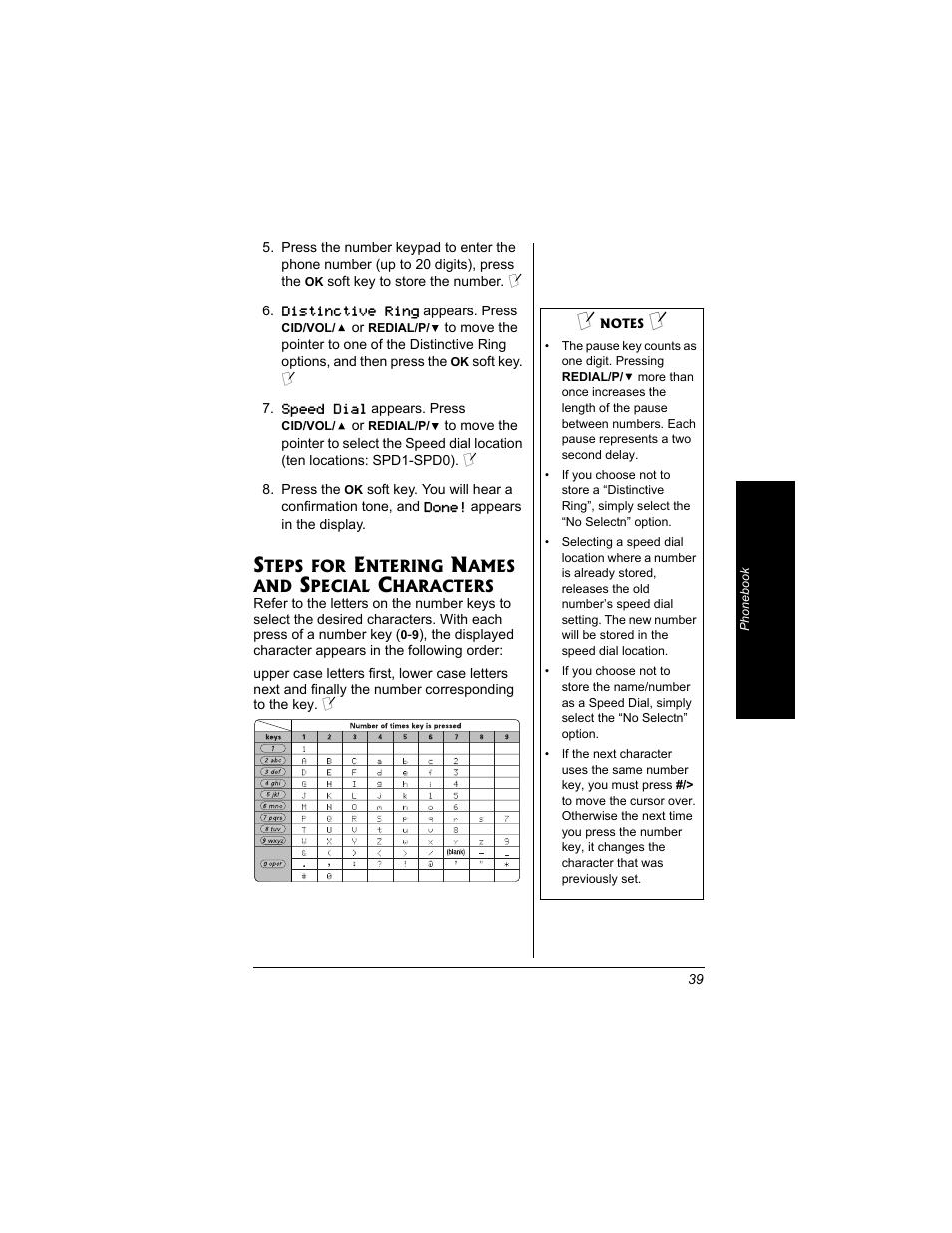 Steps for entering names and, Special characters | Radio Shack 43-3704 User Manual | Page 39 / 76