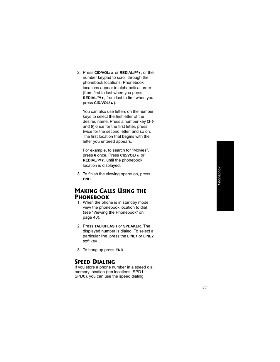 Making calls using the, Phonebook, Speed dialing | Radio Shack 43-3704 User Manual | Page 41 / 76