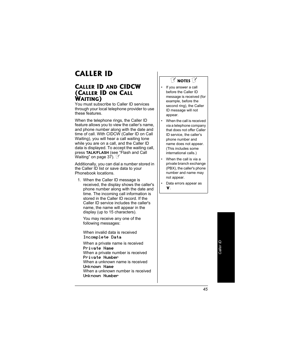 Caller id, Caller id and cidcw (caller id on call, Waiting) | Cidcw (c | Radio Shack 43-3704 User Manual | Page 45 / 76