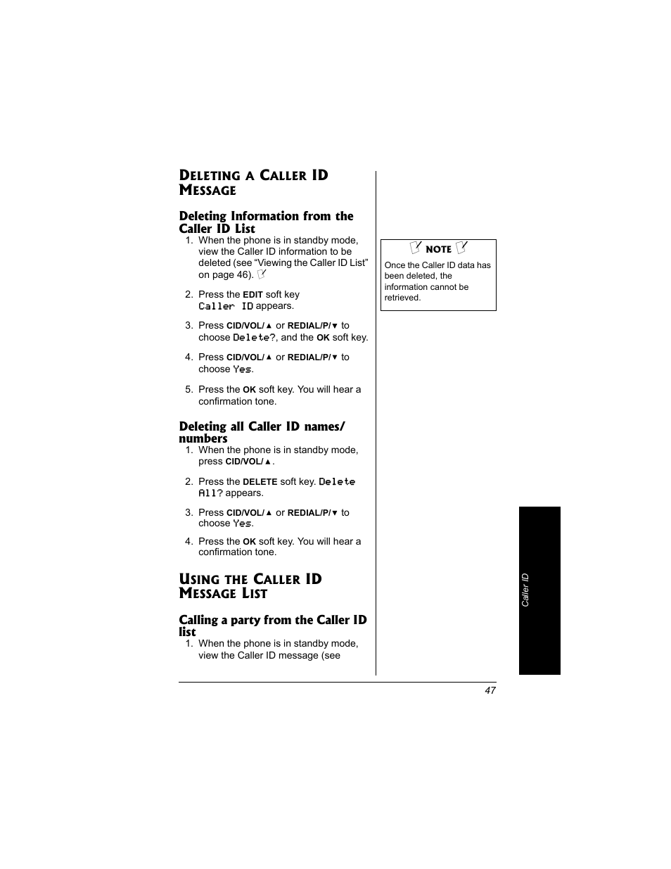 Deleting a caller id message, Using the caller id message list, Id m | Radio Shack 43-3704 User Manual | Page 47 / 76