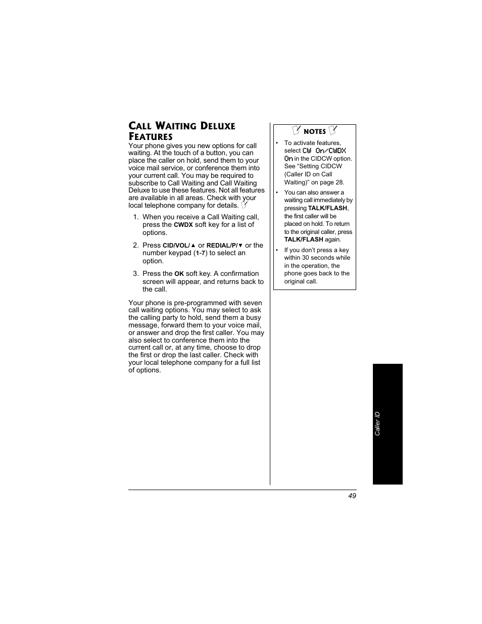 Call waiting deluxe features | Radio Shack 43-3704 User Manual | Page 49 / 76