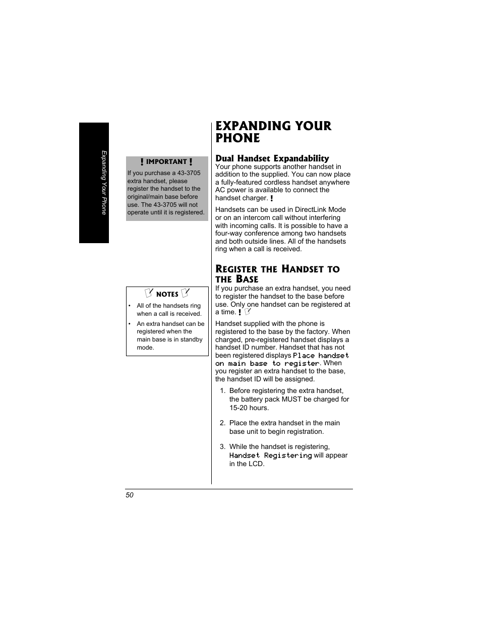 Expanding your phone, Register the handset to the base | Radio Shack 43-3704 User Manual | Page 50 / 76