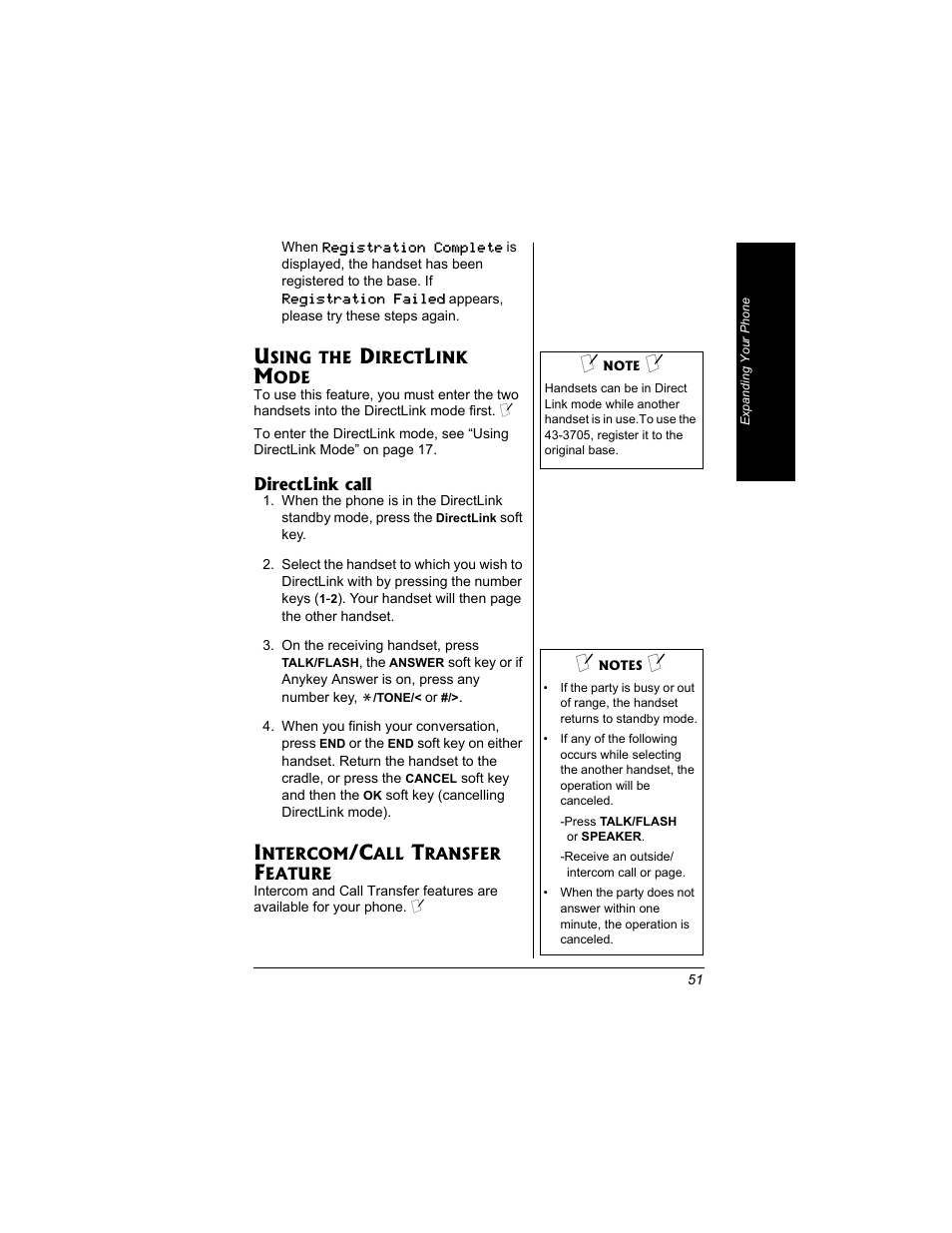 Using the directlink mode, Intercom/call transfer feature | Radio Shack 43-3704 User Manual | Page 51 / 76