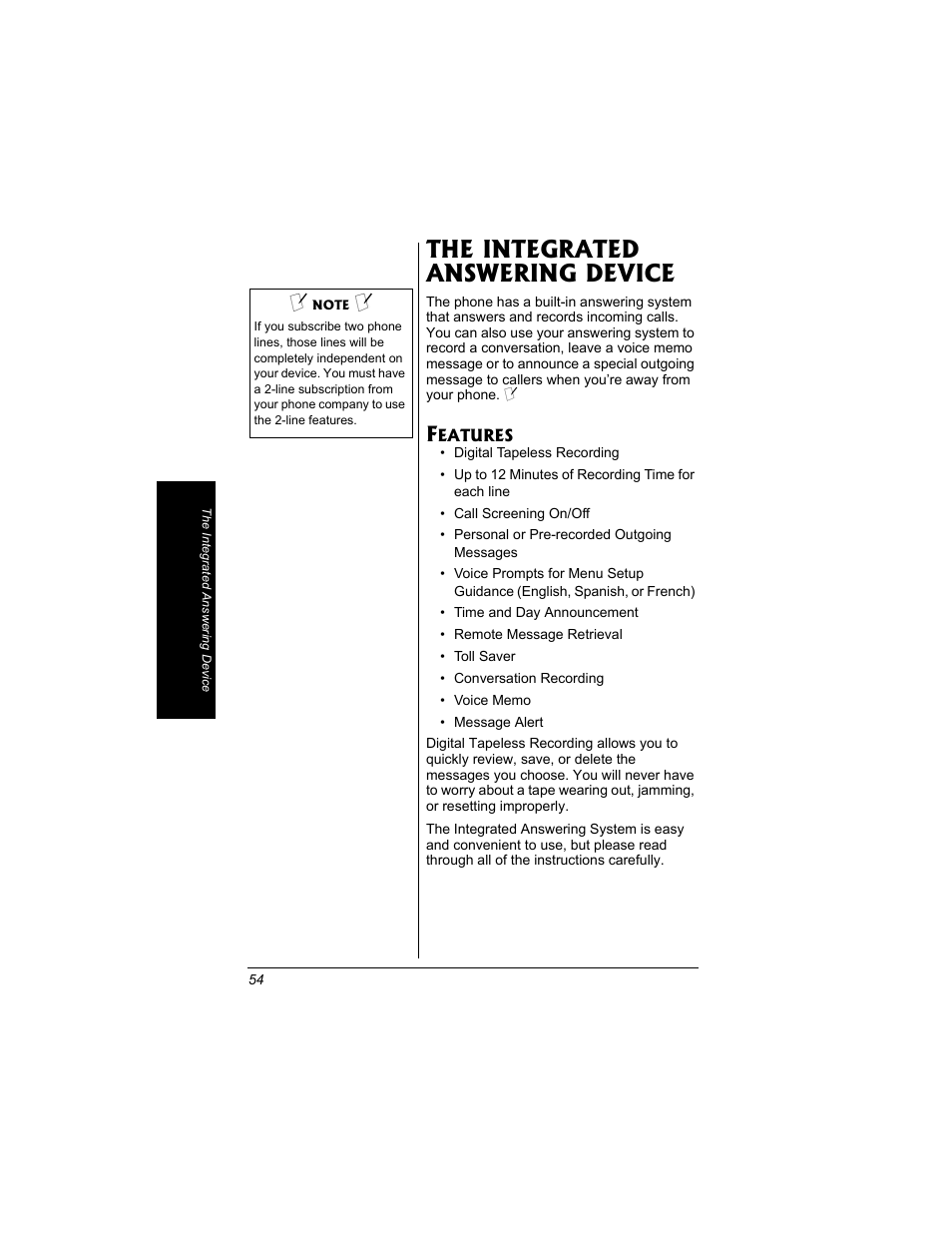 The integrated answering device, Features | Radio Shack 43-3704 User Manual | Page 54 / 76