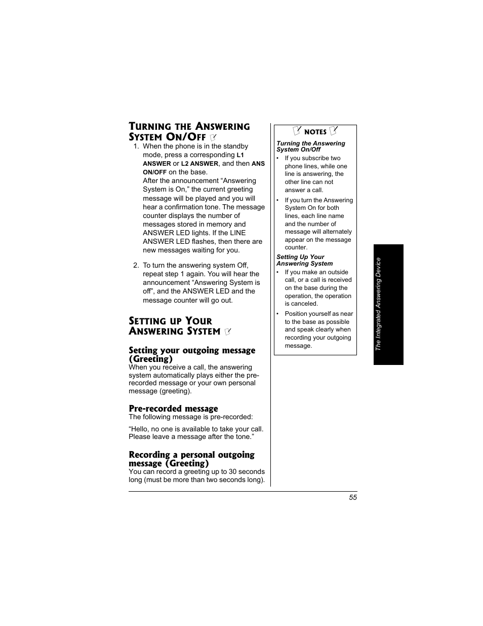 Turning the answering system, On/off, Setting up your answering | System | Radio Shack 43-3704 User Manual | Page 55 / 76