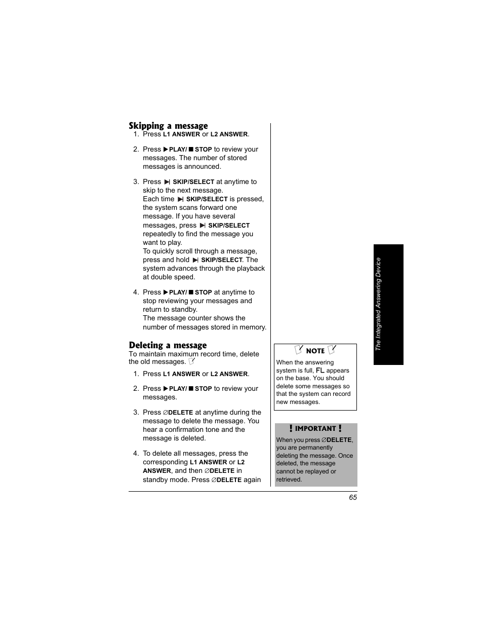 Skipping a message, Deleting a message | Radio Shack 43-3704 User Manual | Page 65 / 76