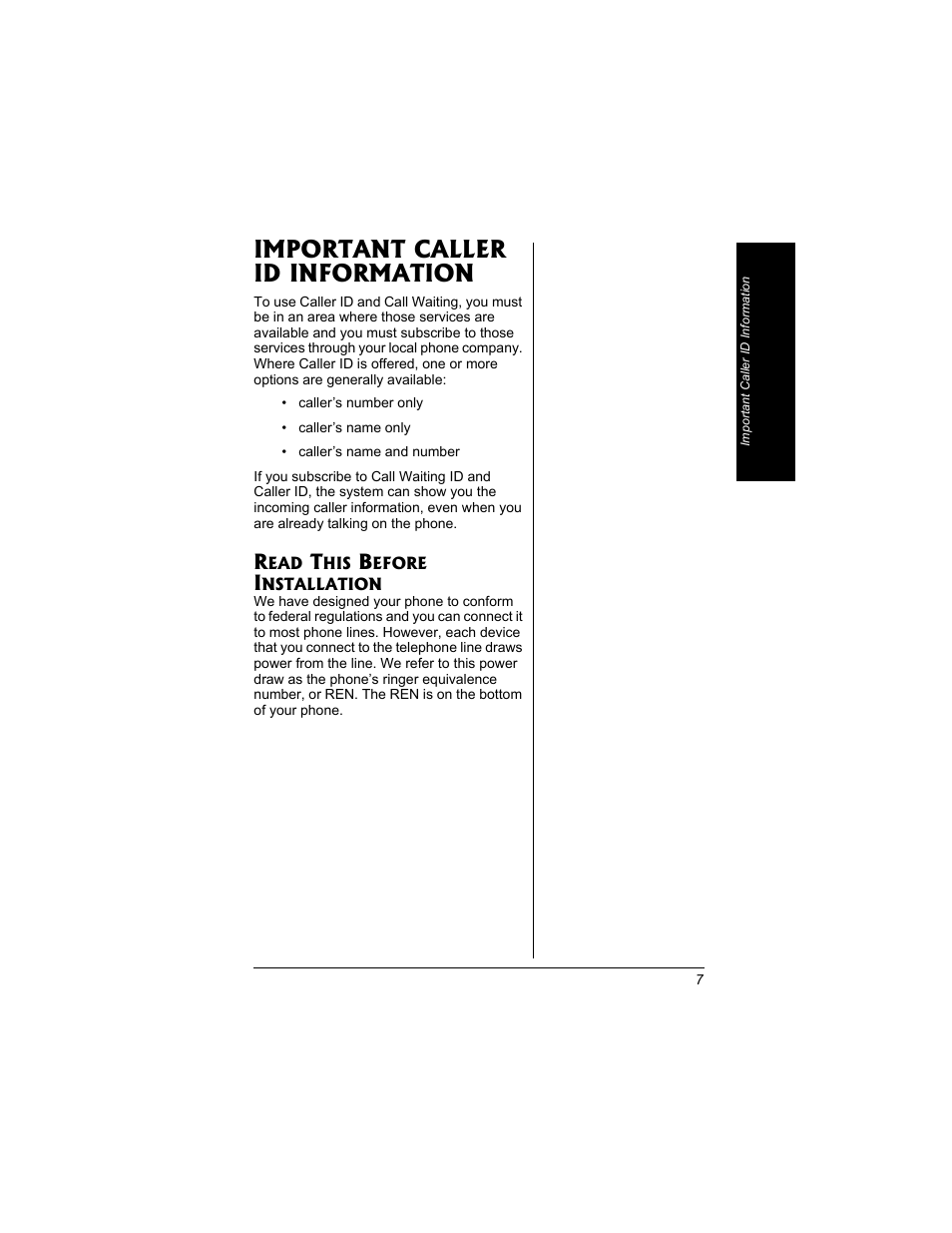 Important caller id information, Read this before installation | Radio Shack 43-3704 User Manual | Page 7 / 76