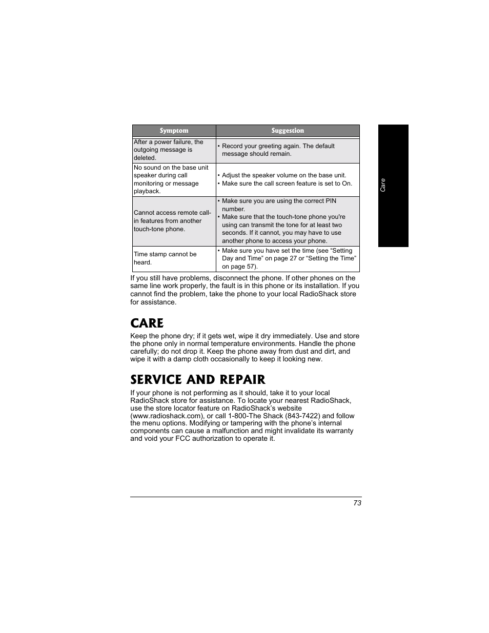 Care service and repair, Care, Service and repair | Radio Shack 43-3704 User Manual | Page 73 / 76