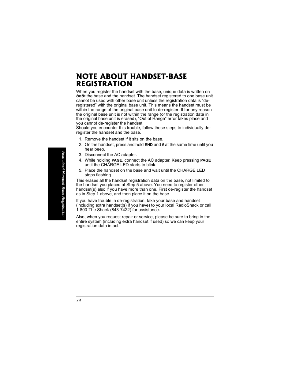 Note about handset-base registration | Radio Shack 43-3704 User Manual | Page 74 / 76